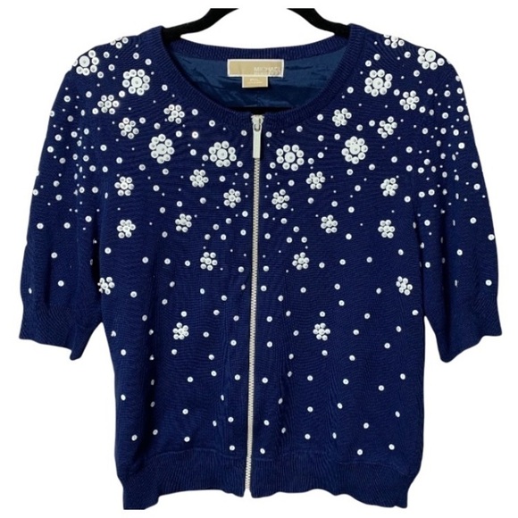 Nwt Michael Kors Embellished Sapphire Zippered Short Sleeve Cardigan Sweater - Picture 1 of 7